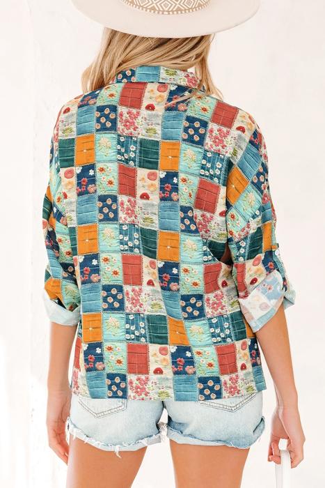Spring Boho Bloom Print Roll Up Sleeve Blouse | S-XL