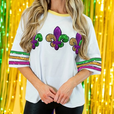 Sequin Fleur de Lis Mardi Gras Varsity T Shirt | S-XL