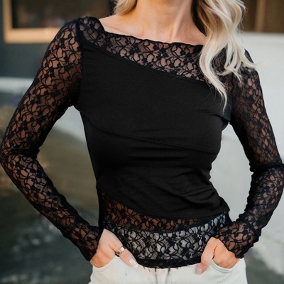 Asymmetric Panels Sheer Floral Lace Top | S-XL