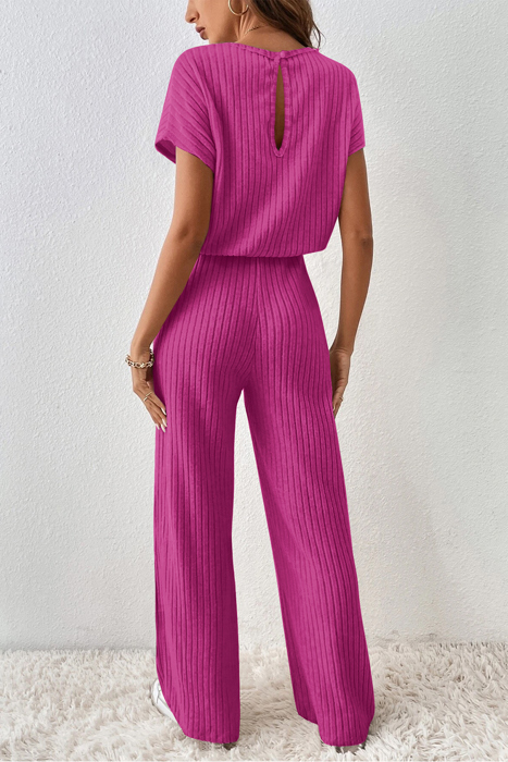 Short Sleeve Wide Leg Ribbed Jumpsuit Loungewear | S-XXL
