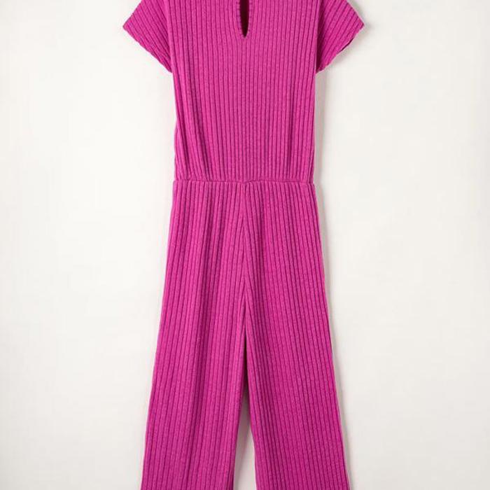 Ribbed Short Sleeve Wide Leg Jumpsuit Loungewear | S-XXL