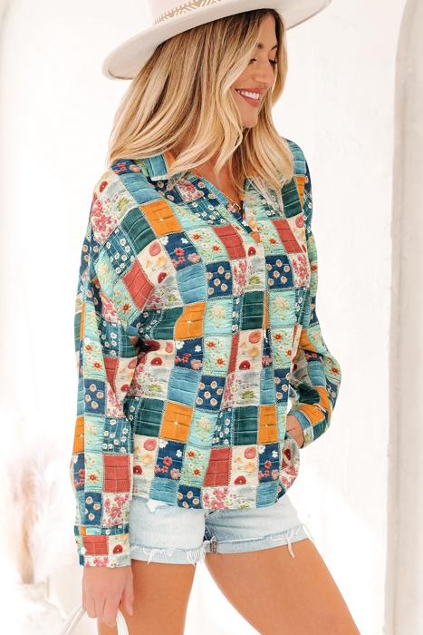 Spring Boho Bloom Print Roll Up Sleeve Blouse | S-XL