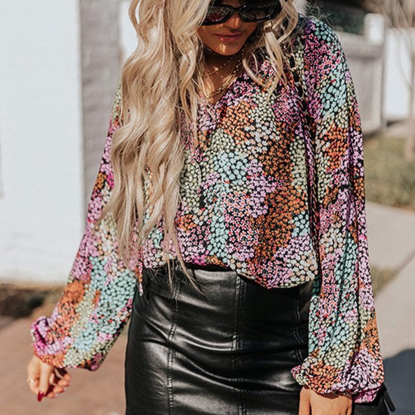 Vibrant Floral Tie V-Neck Blouse