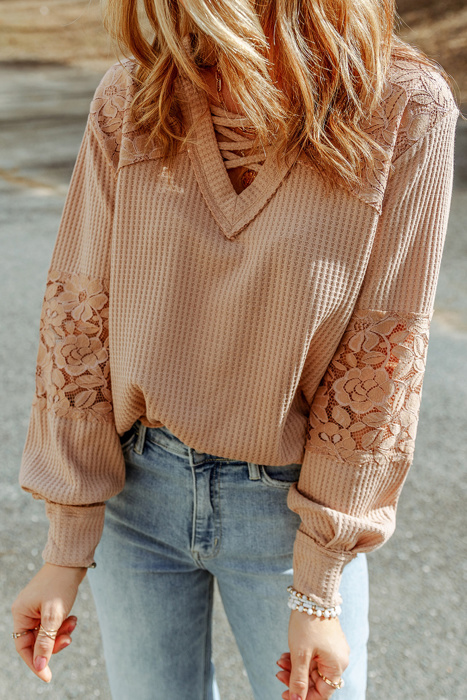 Waffle And Floral Lace Long Sleeve Top | S-XL
