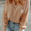  Waffle And Floral Lace Long Sleeve Top | S-XL