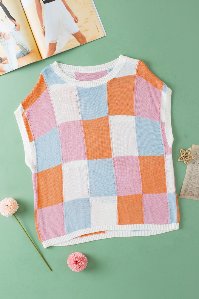 Checkered Color Block Cap Sleeve Sweater