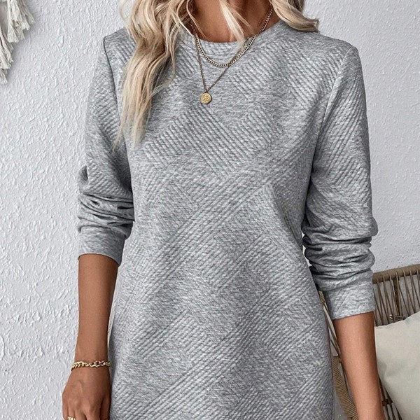 Textured Long Sleeve Side Pockets Shift Dress