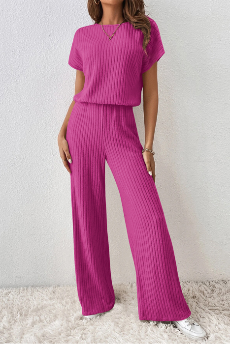 Short Sleeve Wide Leg Ribbed Jumpsuit Loungewear | S-XXL