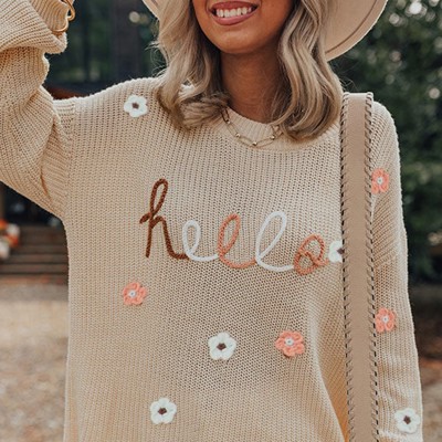 Hello Fall Embroidered Knit Loose Sweater | S-XL