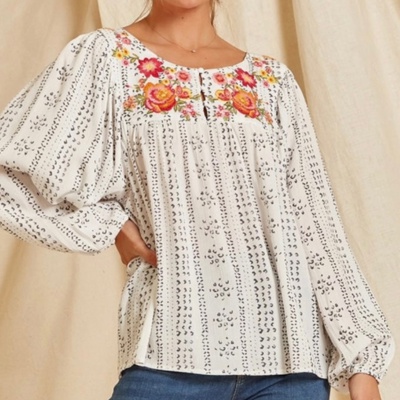 Embroidered Balloon Sleeve Blouse | Free Shipping