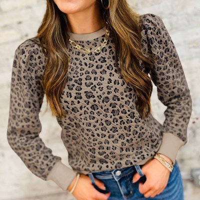  Ribbed Trim Leopard Print Long Sleeve Top | S-XL