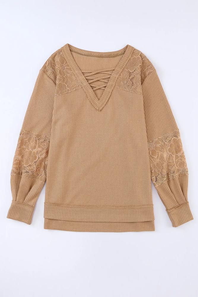 Waffle And Floral Lace Long Sleeve Top | Free Shipping