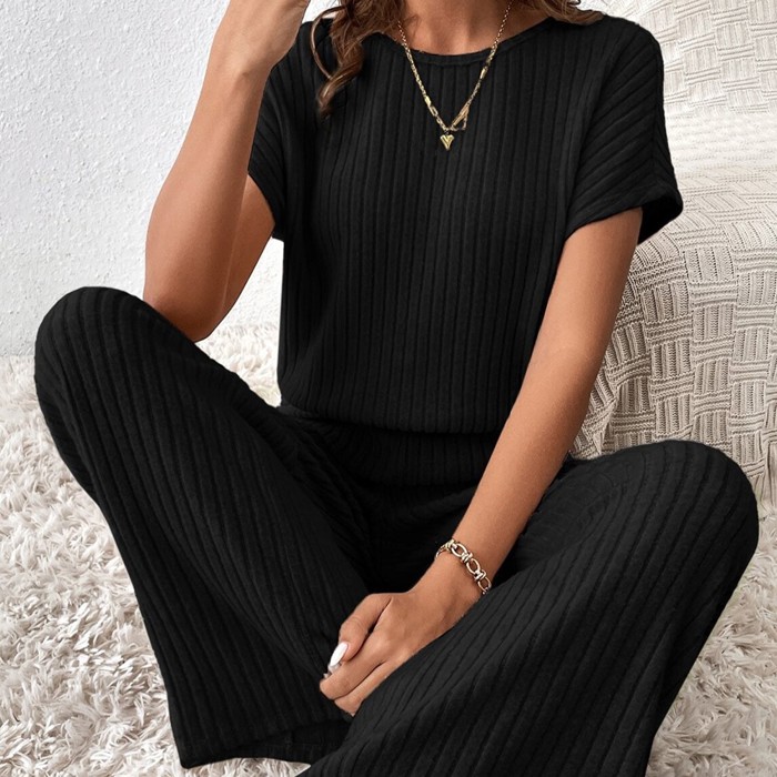 Short Sleeve Wide Leg Ribbed Jumpsuit Loungewear | S-XXL