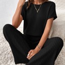 Small Black Short Sleeve Wide Leg Ribbed Jumpsuit Loungewear | S-XXL