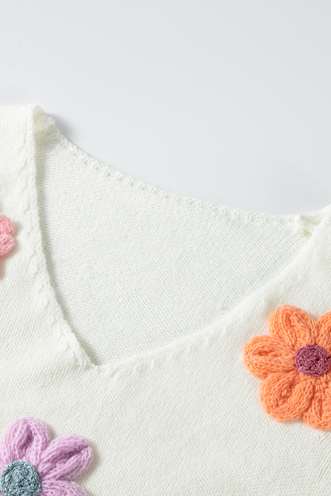 Crochet Flower V Neck Sweater