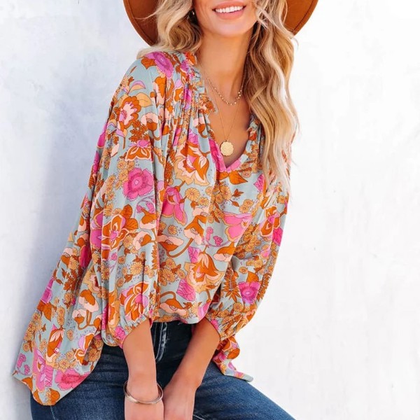 Loose Fit Ruched V-Neck Floral Blouse