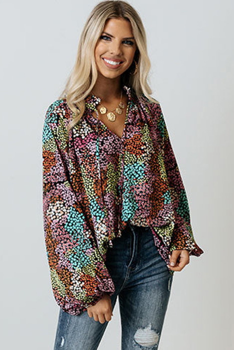 Vibrant Floral Tie V-Neck Blouse | Free Shipping