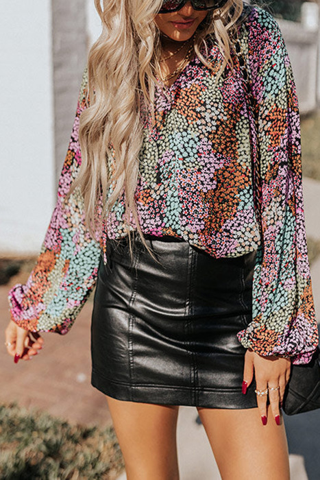 Vibrant Floral Tie V-Neck Blouse | Free Shipping