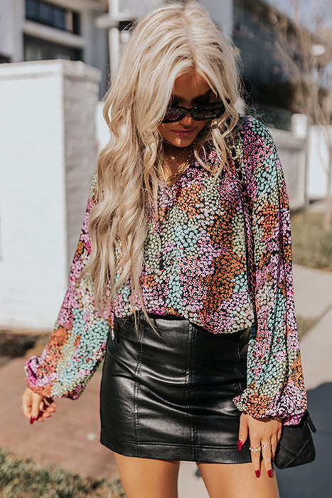 Vibrant Floral Tie V-Neck Blouse | Free Shipping