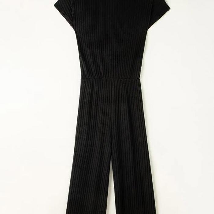 Ribbed Short Sleeve Wide Leg Jumpsuit Loungewear | S-XXL