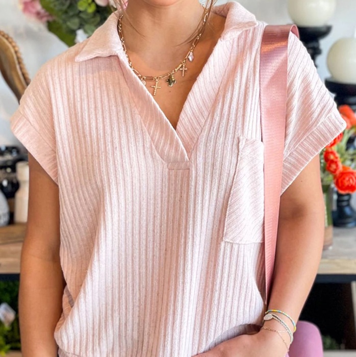 Sunny Day Collared Ribbed Pocket Top | S-XL