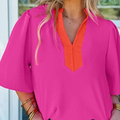 Split Tone Wide-Sleeve Blouse | S-XL