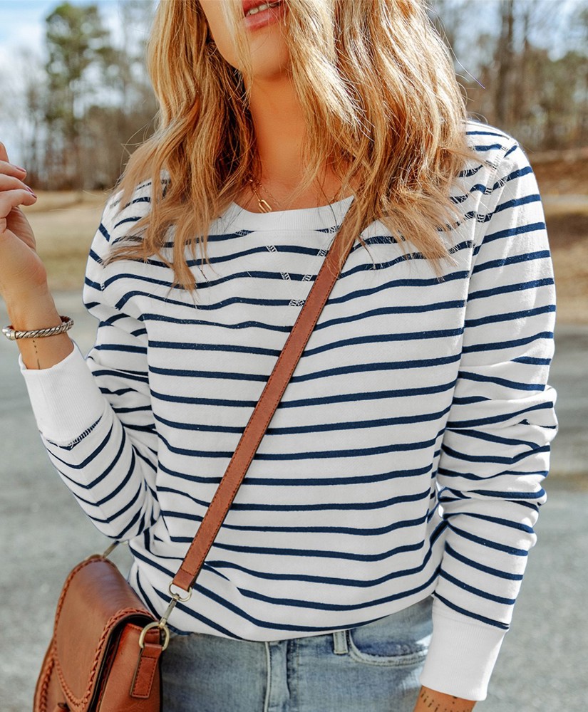 Striped Ribbed Trim Long Sleeve Top