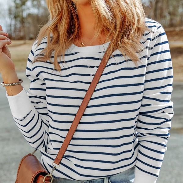 Striped Ribbed Trim Long Sleeve Top