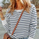  Striped Ribbed Trim Long Sleeve Top