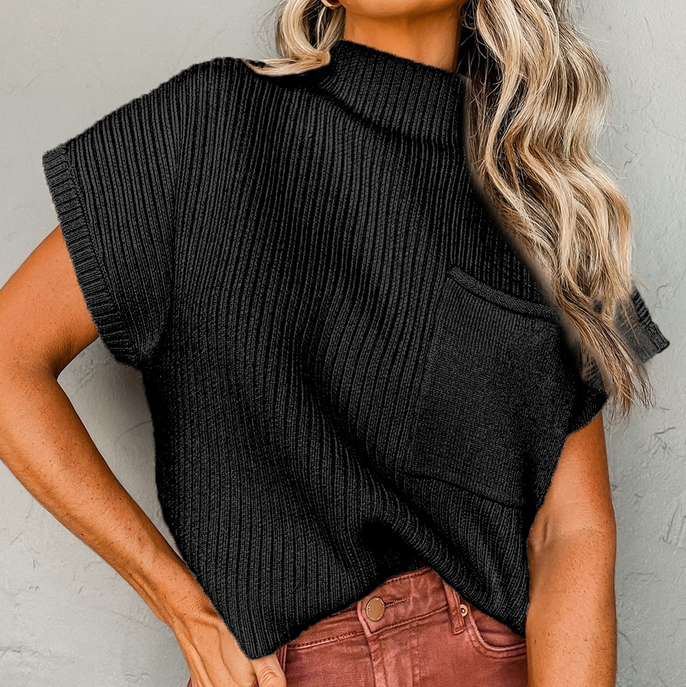 Pocket Ribbed Knit Short Sleeve Sweater