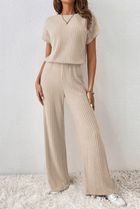Short Sleeve Wide Leg Ribbed Jumpsuit Loungewear | S-XXL