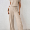  Short Sleeve Wide Leg Ribbed Jumpsuit Loungewear | S-XXL