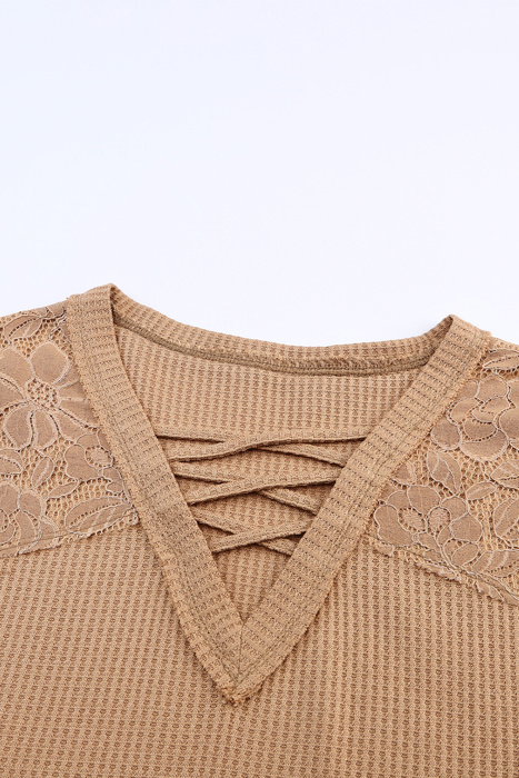 Waffle And Floral Lace Long Sleeve Top | S-XL