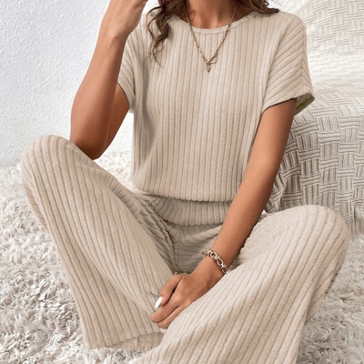 Short Sleeve Wide Leg Ribbed Jumpsuit Loungewear | S-XXL
