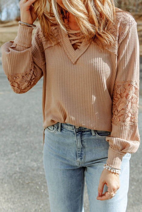 Waffle And Floral Lace Long Sleeve Top | S-XL