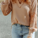  Waffle And Floral Lace Long Sleeve Top | S-XL