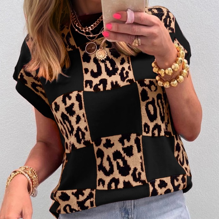 Checkerboard Short Sleeve Knit Sweater | S-XL