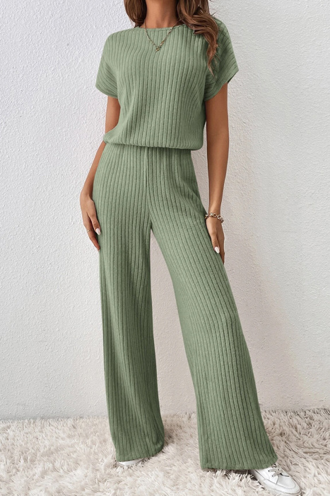 Short Sleeve Wide Leg Ribbed Jumpsuit Loungewear | S-XXL