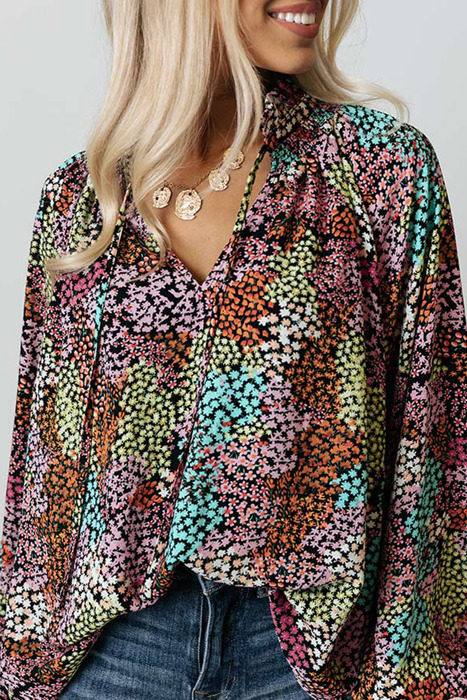 Vibrant Floral Tie V-Neck Blouse | Free Shipping