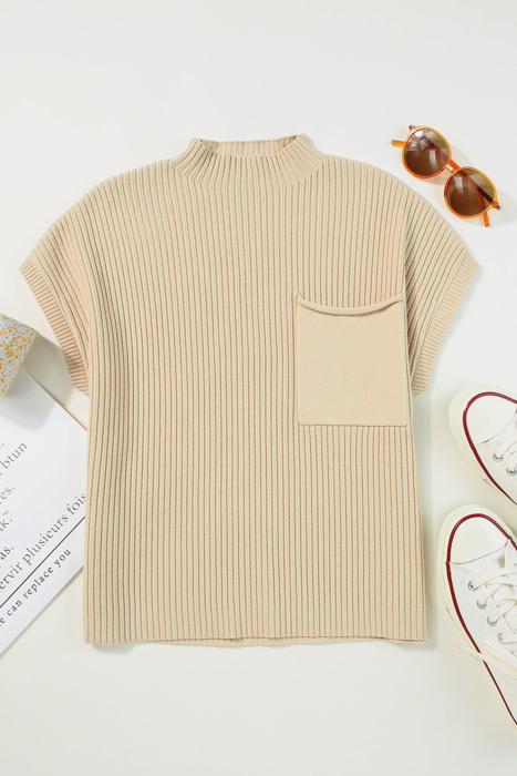Pocket Ribbed Knit Short Sleeve Sweater | S-XL
