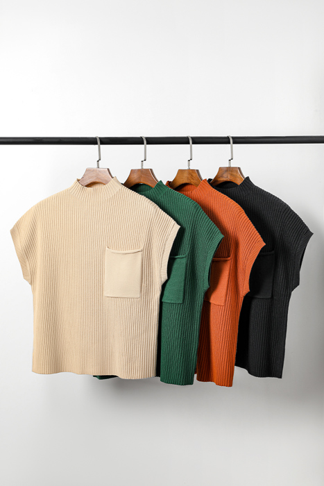 Pocket Ribbed Knit Short Sleeve Sweater | S-XL