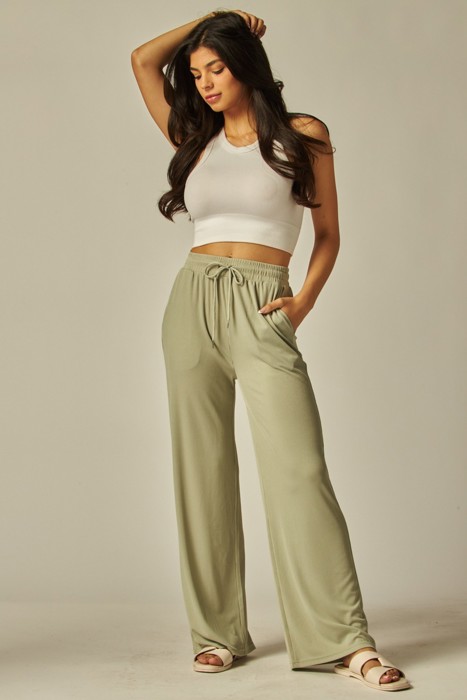 Stretchy Ribbed Drawstring Pocket Wide Leg Pants