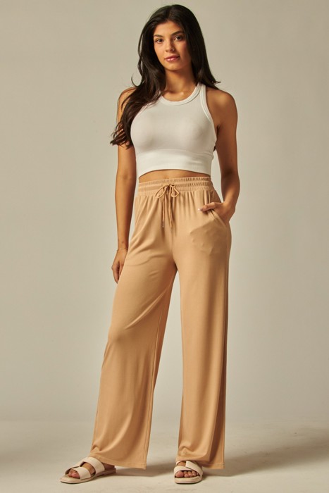 Stretchy Ribbed Drawstring Pocket Wide Leg Pants