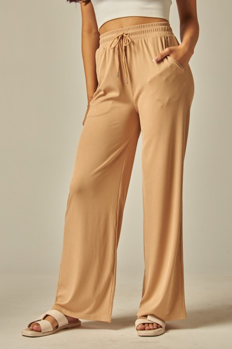 Stretchy Ribbed Drawstring Pocket Wide Leg Pants