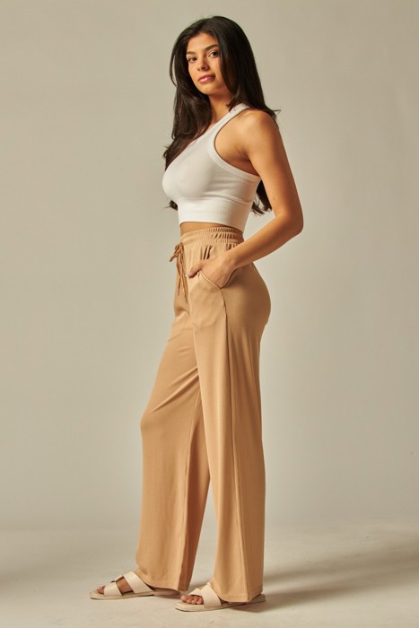 Stretchy Ribbed Drawstring Pocket Wide Leg Pants