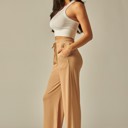  Stretchy Ribbed Drawstring Pocket Wide Leg Pants
