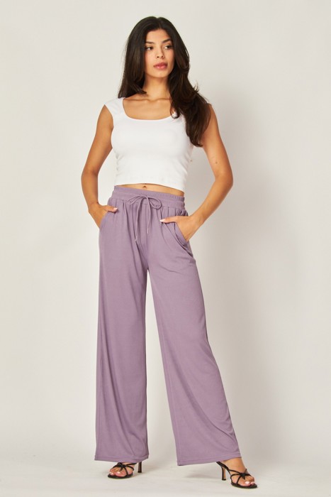 Stretchy Ribbed Drawstring Pocket Wide Leg Pants