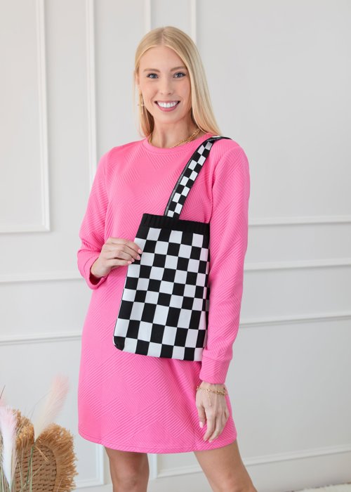 Textured Long Sleeve Side Pockets Shift Dress