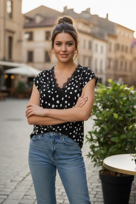 Lace V-Neck Polka Dot Top | S-XL