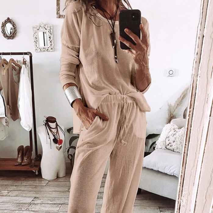 Textured Long Sleeve Tops and Pants Lounge Set | S-2XL
